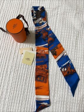 Hermes Blue and Orange Silk Twilly Scarf